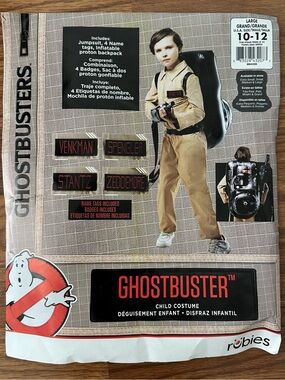 Boys Ghostbuster Costume Large 10-12 Jumpsuit Nametags Rubie’s Tan EUC!